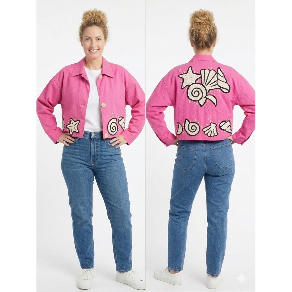 VTG Y2K IBE Pink Linen Blend Seashell Starfish Sequin Cropped Jacket Size 6